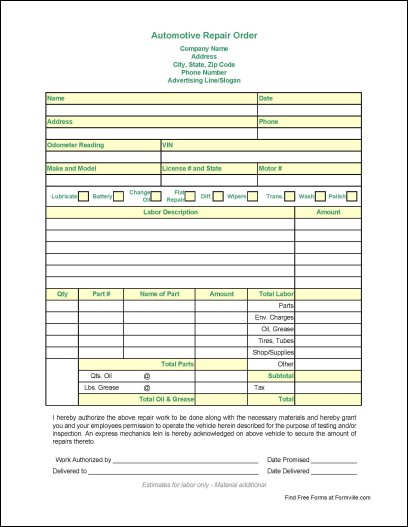 Here is a preview of the "Automotive Repair Order" form: