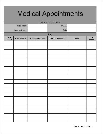 Free Wide Row Medical Appointments Log from Formville