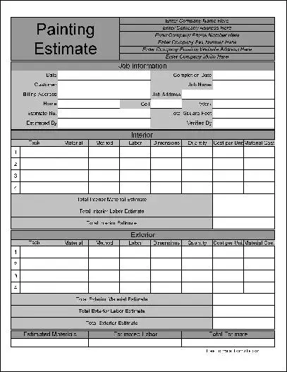 Painting Job Estimate Template from www.formville.com